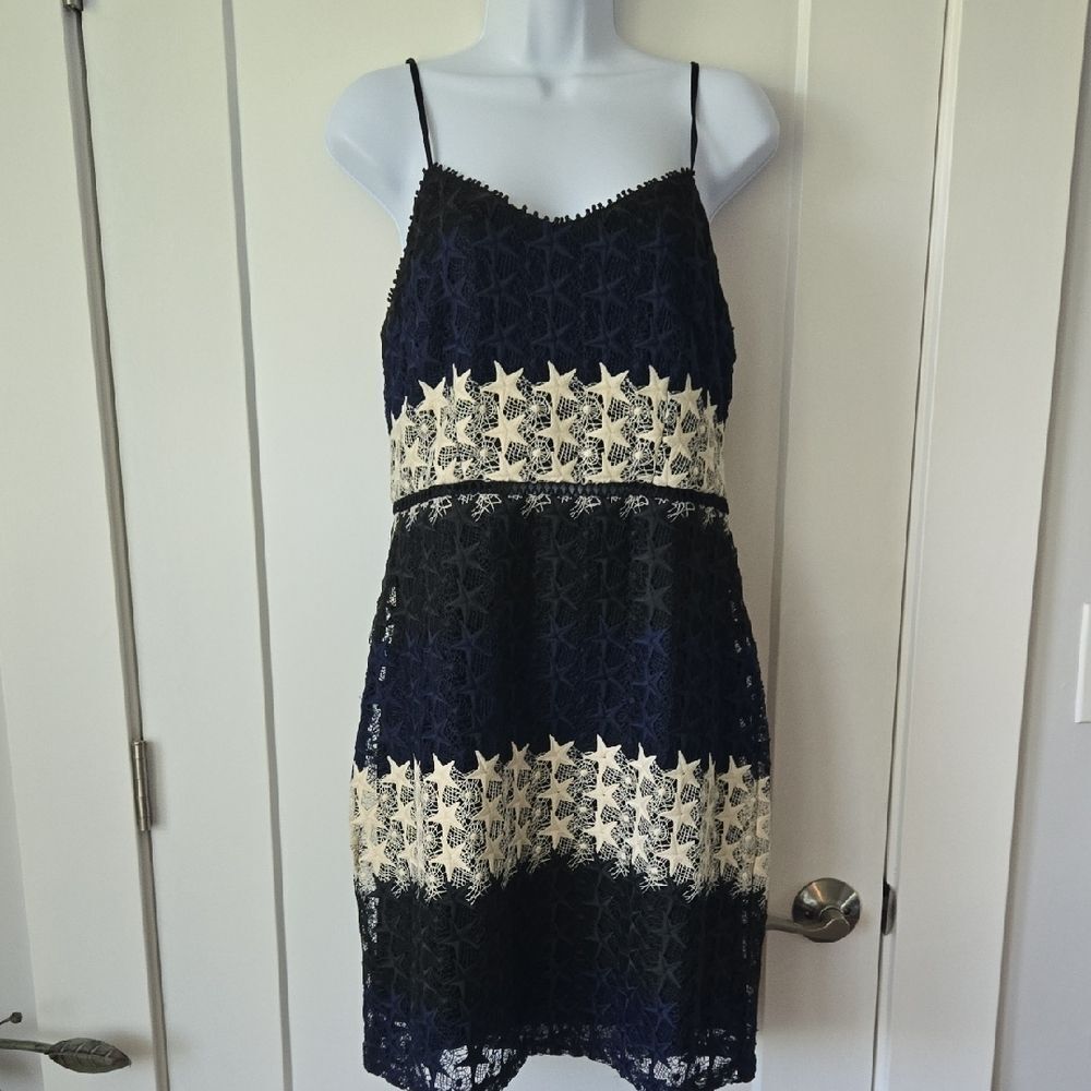 Bebe Blue and Cream Spaghetti Strap Mini Sundress With Star Pattern